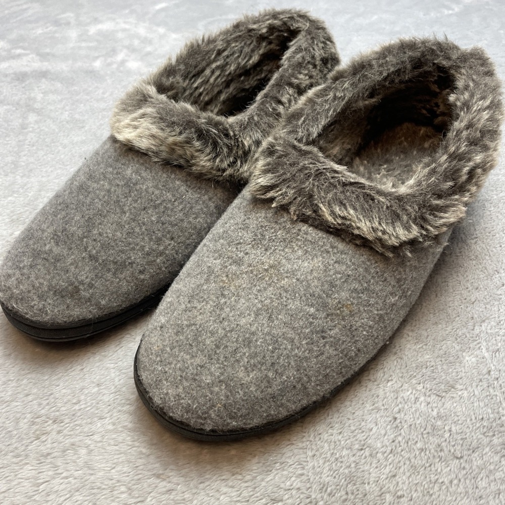 Acorn Womens Faux Fur Collar Slippers Size 9.5-10.5 Gray Chinchilla Loungewear